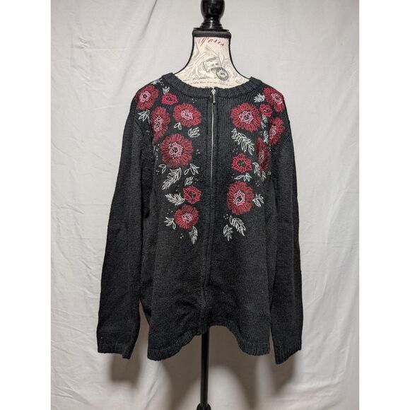 Croft & Barrow Black Embroidered Floral Zip Silk Knit Sweater Women's Plus 1X - Picture 1 of 9